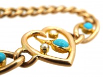 Edwardian 15ct Gold, Turquoise & Natural Split Pearl Heart Bracelet
