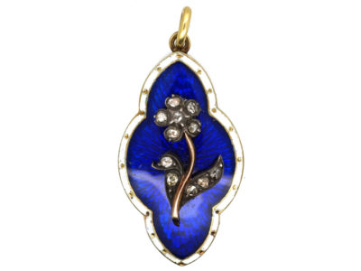 Victorian 15ct Gold & Royal Blue & White Enamel Pendant Set With a Forget Me Not Flower in Diamonds