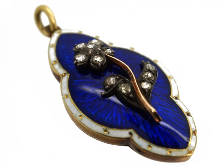 Victorian 15ct Gold & Royal Blue & White Enamel Pendant Set With a Forget Me Not Flower in Diamonds