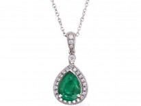 18ct White Gold Emerald & Diamond Pendant on Chain