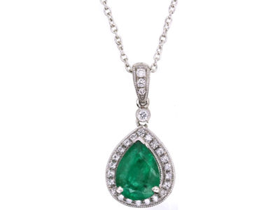 18ct White Gold Emerald & Diamond Pendant on Chain