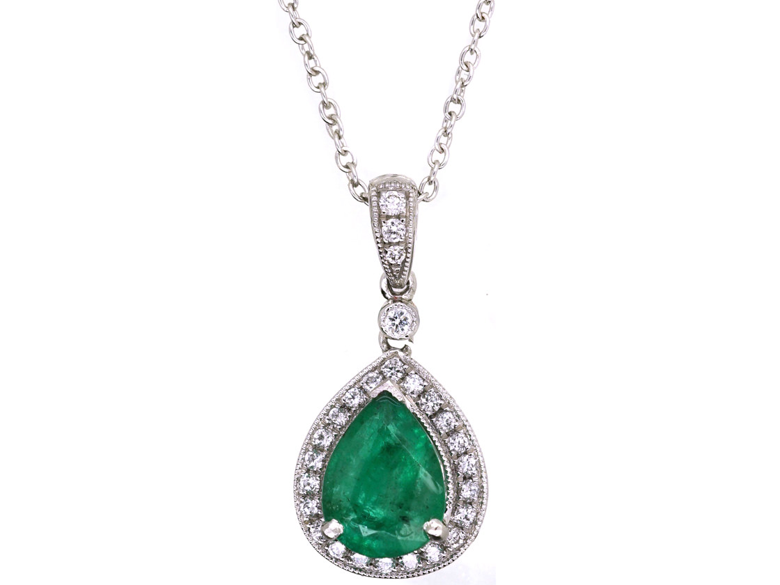 18ct White Gold Emerald & Diamond Pendant on Chain (76K) | The Antique ...