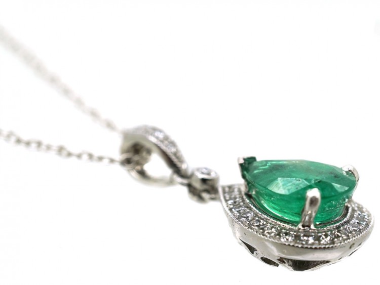 18ct White Gold Emerald & Diamond Pendant on Chain