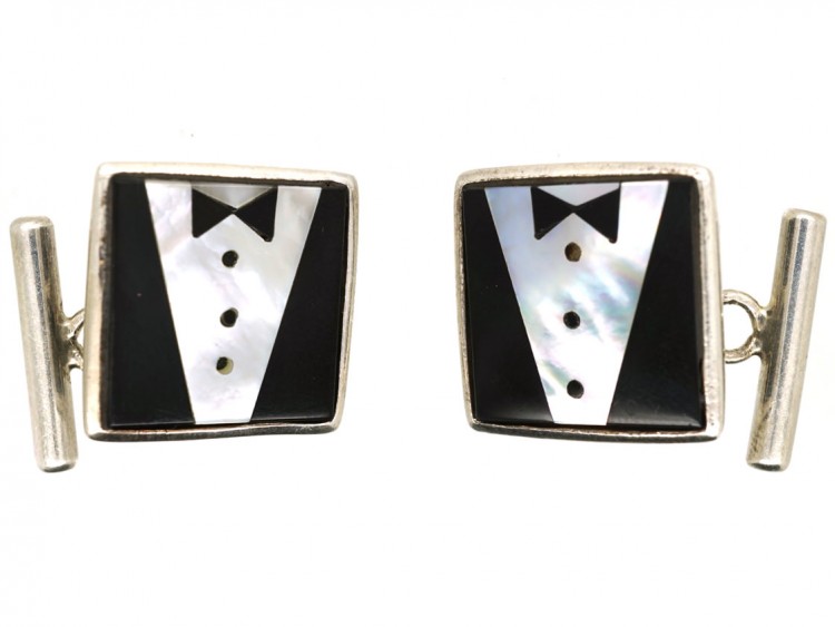 Silver, Onyx & Mother of Pearl Bow Tie Cufflinks
