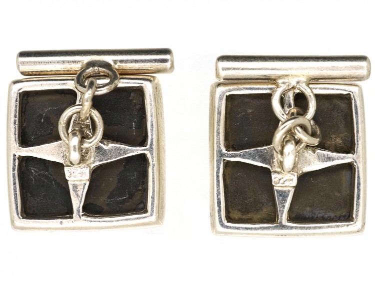 Silver, Onyx & Mother of Pearl Bow Tie Cufflinks
