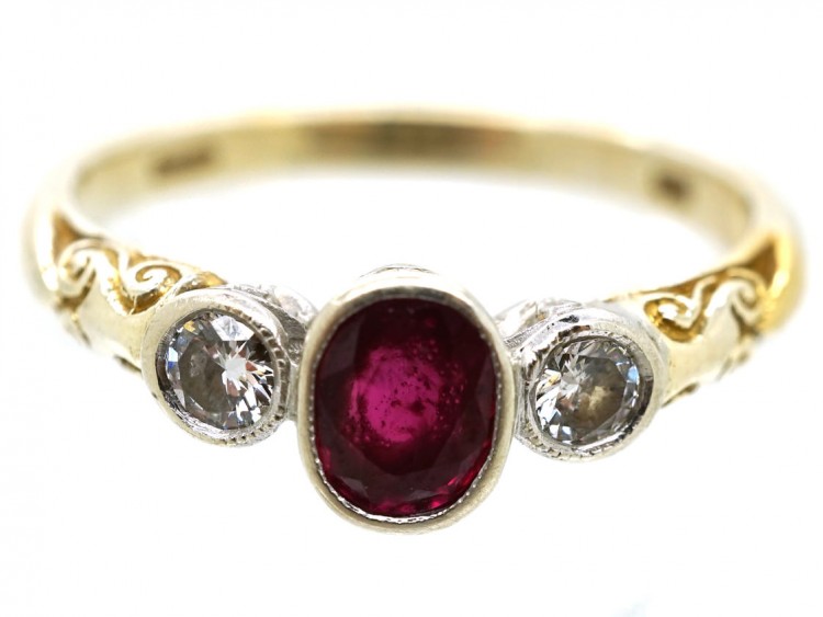 18ct Gold, Ruby & Diamond Three Stone Ring
