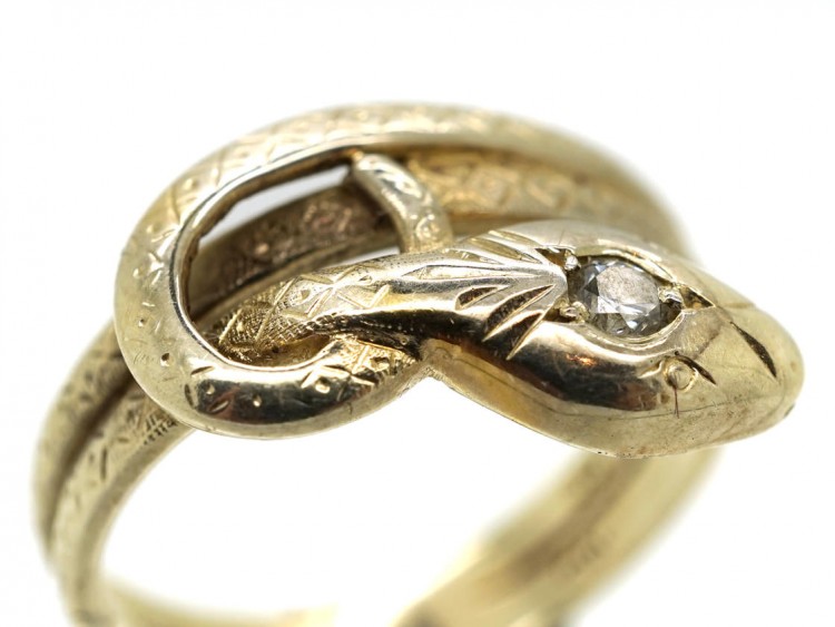 Edwardian 14ct Gold Snake Ring Set With a Diamond