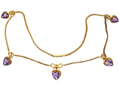 Edwardian 9ct Gold & Amethyst Hearts Necklace