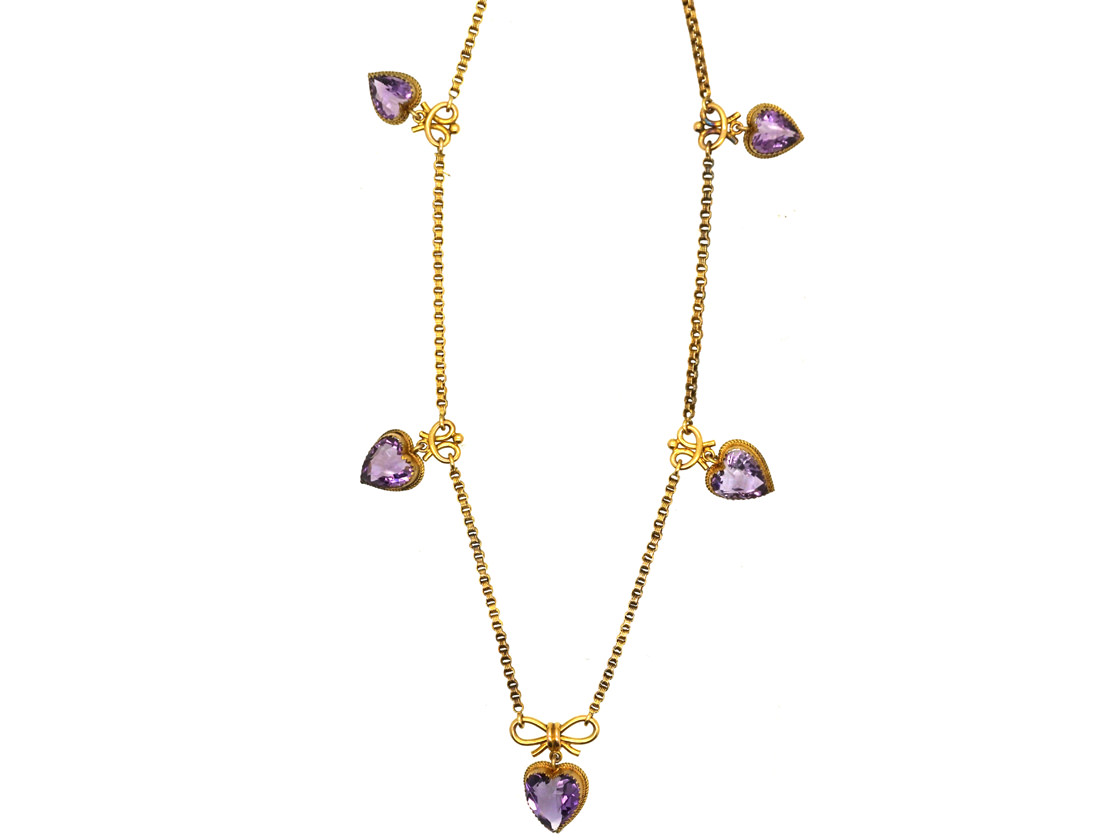 Edwardian 9ct Gold & Amethyst Hearts Necklace (91K) | The Antique ...