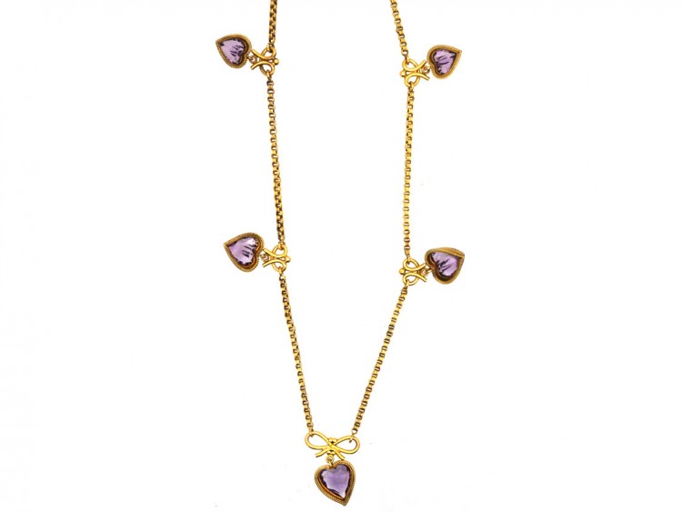 Edwardian 9ct Gold & Amethyst Hearts Necklace