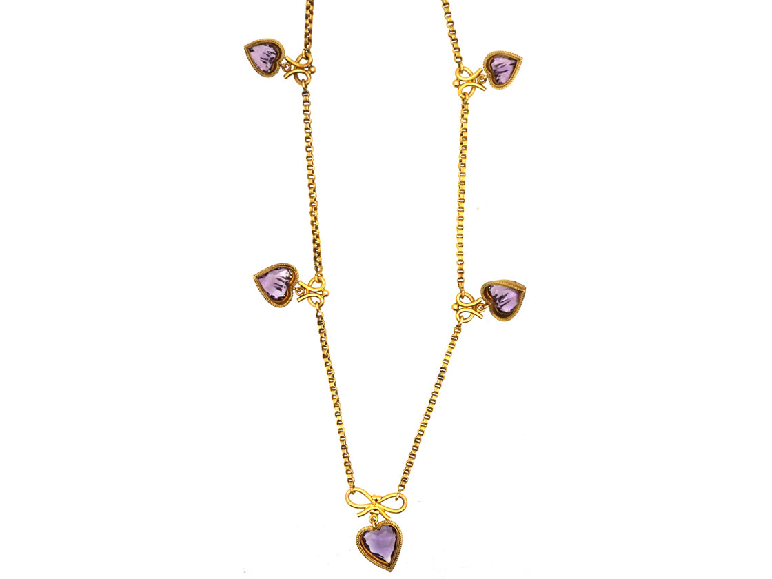 Edwardian 9ct Gold & Amethyst Hearts Necklace (91K) | The Antique ...