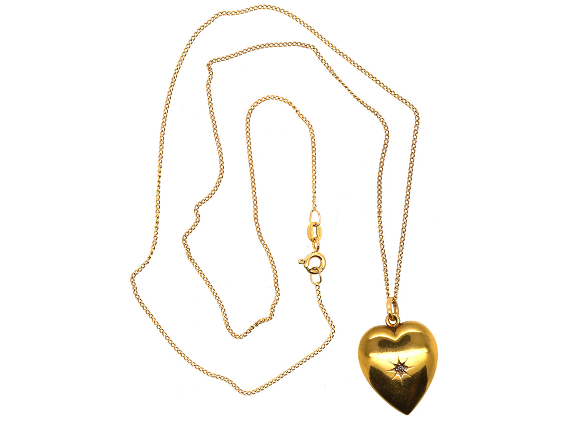 Edwardian 15ct Gold & Diamond Heart Pendant on 9ct Gold Chain (67K ...