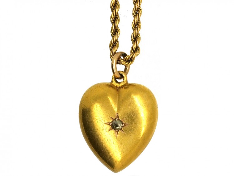 Edwardian 15ct Gold & Rose Diamond Heart Pendant on a 15ct Gold Chain