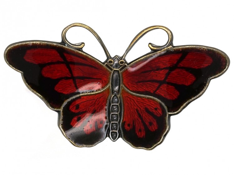 Silver, Red & Black Enamel Butterfly Brooch