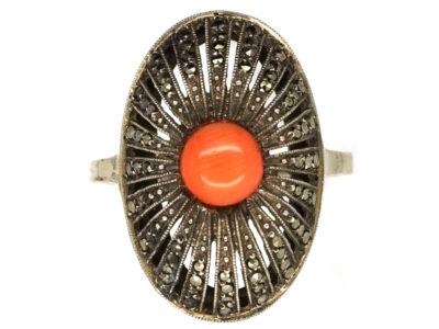 Art Deco Silver, Marcasite & Coral Oval Ring