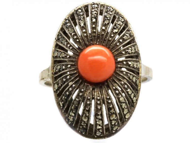 Art Deco Silver, Marcasite & Coral Oval Ring