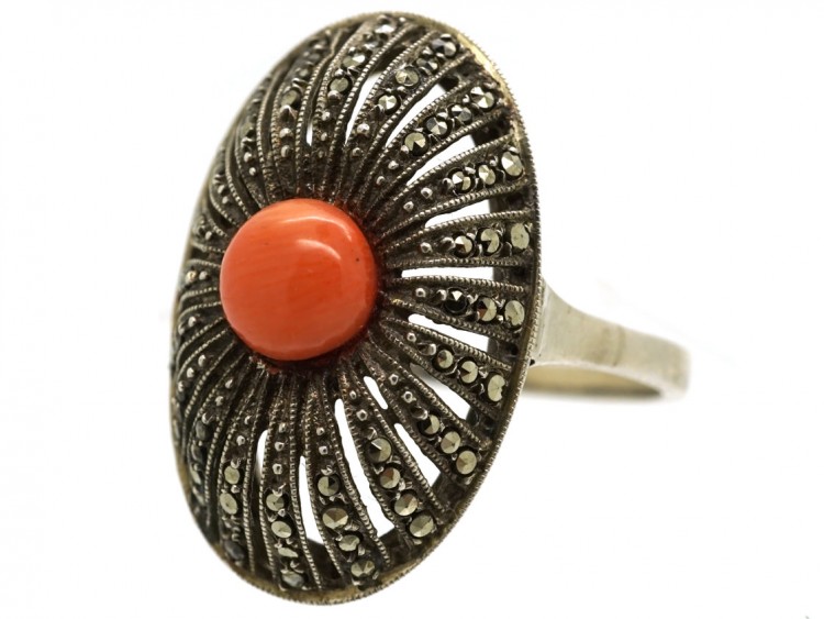 Art Deco Silver, Marcasite & Coral Oval Ring