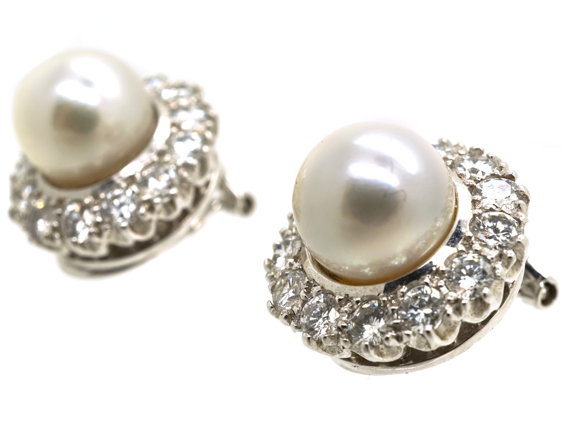 18ct White Gold Diamond & Pearl Cluster Earrings (134K) The Antique