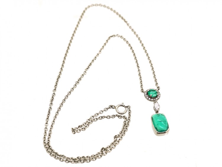 Art Deco Emerald & Diamond Pendant on Chain
