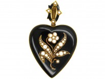 Large 18ct Gold Victorian Heart Shaped With Black Enamel & Natural Split Pearls "Forget Me Not" Flower By Edwin Streeter