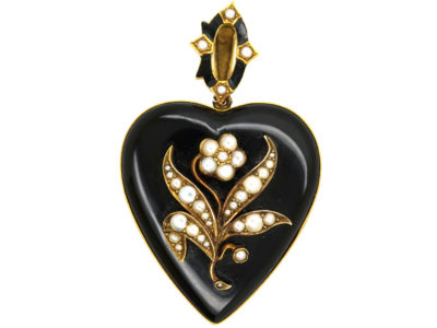Large 18ct Gold Victorian Heart Shaped With Black Enamel & Natural Split Pearls “Forget Me Not” Flower By Edwin Streeter