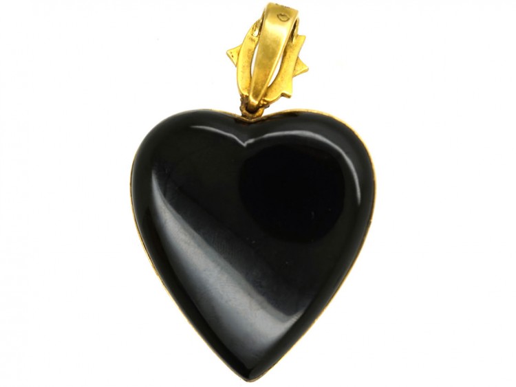 Large 18ct Gold Victorian Heart Shaped With Black Enamel & Natural Split Pearls 