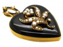 Large 18ct Gold Victorian Heart Shaped With Black Enamel & Natural Split Pearls 