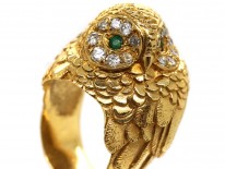 18ct Gold Owl Ring Set With Emeralds & Diamonds