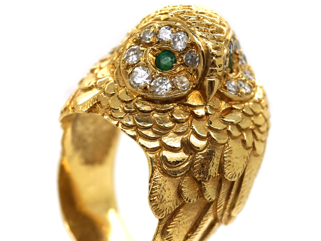 18ct Gold Owl Ring Set With Emeralds & Diamonds (6/A) | The Antique ...