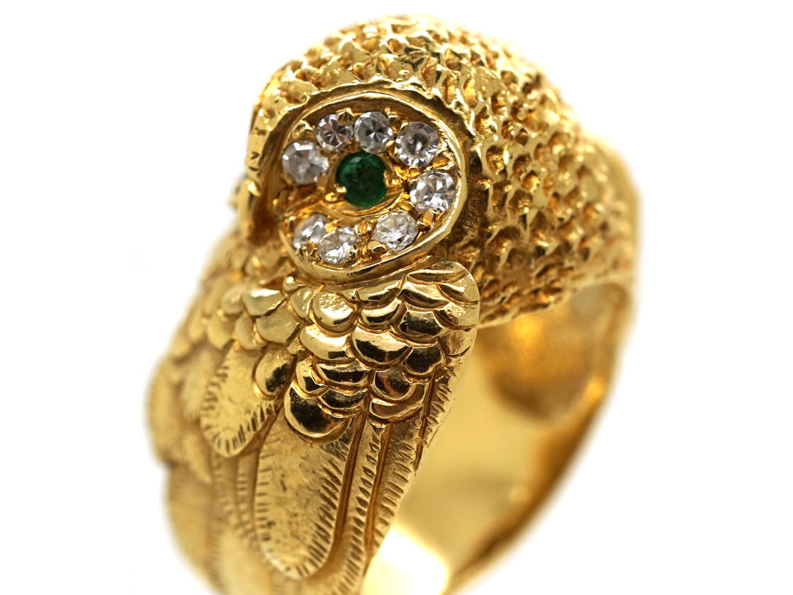 18ct Gold Owl Ring Set With Emeralds & Diamonds (6/A) | The Antique ...