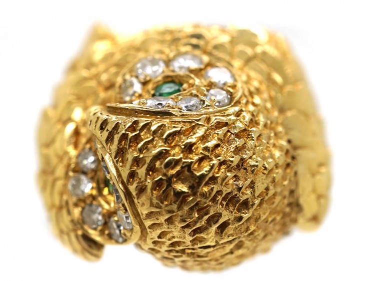 18ct Gold Owl Ring Set With Emeralds & Diamonds