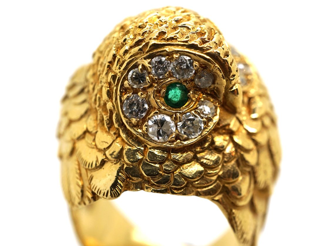 18ct Gold Owl Ring Set With Emeralds & Diamonds (6/A) | The Antique ...