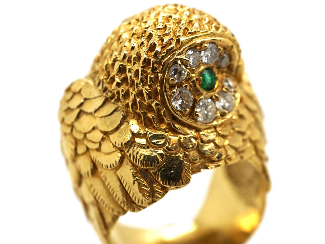 18ct Gold Owl Ring Set With Emeralds & Diamonds (6/A) | The Antique ...