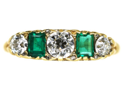 Victorian 18ct Gold, Emerald & Diamond Carved Half Hoop Five Stone Ring