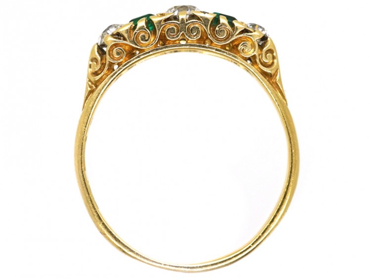 Victorian 18ct Gold, Emerald & Diamond Carved Half Hoop Five Stone Ring