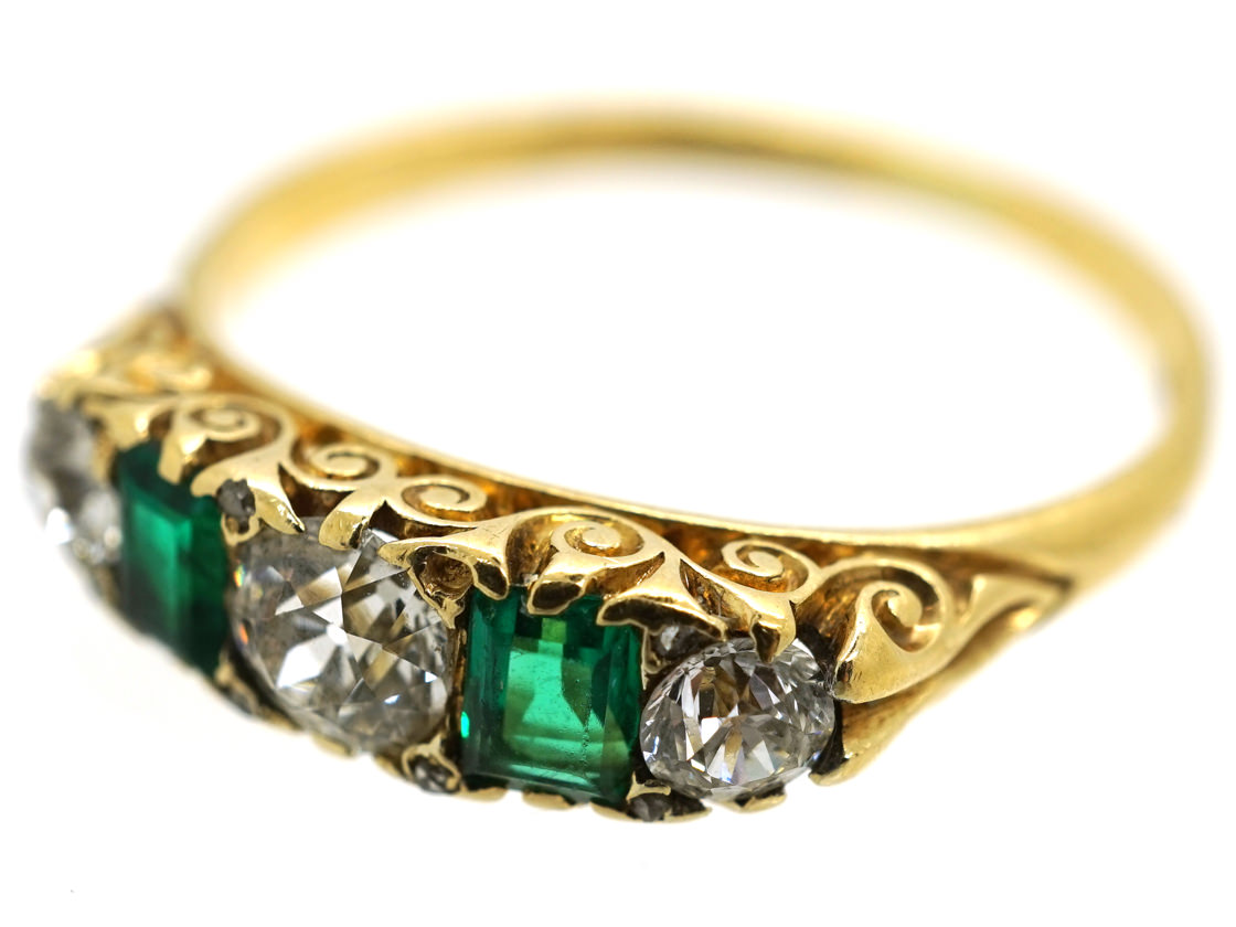 Victorian 18ct Gold, Emerald & Diamond Carved Half Hoop Five Stone Ring ...