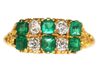 Victorian 18ct Gold, Emerald & Diamond Two Row Carved Half Hoop Ring