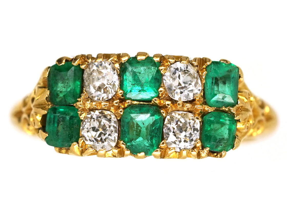 Victorian 18ct Gold, Emerald & Diamond Two Row Carved Half Hoop Ring (3 ...