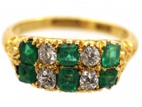 Victorian 18ct Gold, Emerald & Diamond Two Row Carved Half Hoop Ring