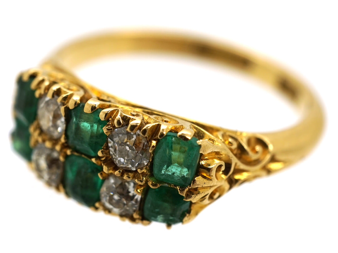 Victorian 18ct Gold, Emerald & Diamond Two Row Carved Half Hoop Ring (3 ...