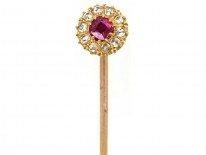 Edwardian 18ct Gold Ruby & Diamond Cluster Stick Pin