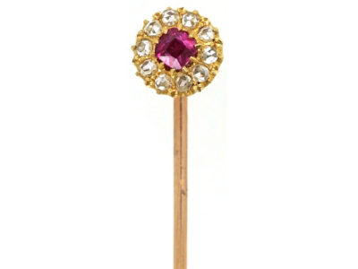 Edwardian 18ct Gold Ruby & Diamond Cluster Stick Pin