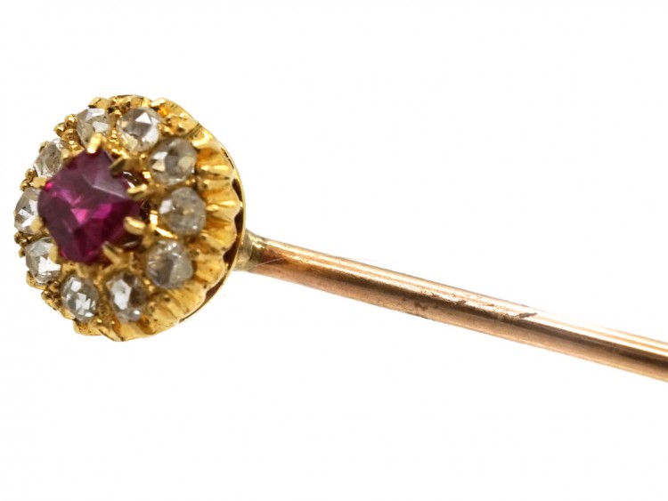 Edwardian 18ct Gold Ruby & Diamond Cluster Stick Pin