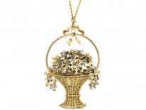 Edwardian 15ct Gold, Rose Diamonds, Natural Pearls & Enamel Basket of Flowers Necklace
