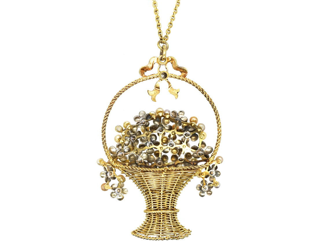 Edwardian 15ct Gold, Rose Diamonds, Natural Pearls & Enamel Basket of Flowers Necklace (108K