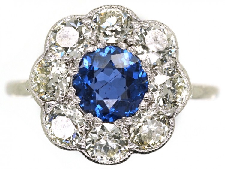 Edwardian 18ct White Gold & Platinum, Sapphire & Diamond Cluster Ring