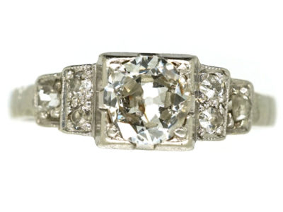 Art Deco Diamond Solitaire Ring With Diamond Set Shoulders