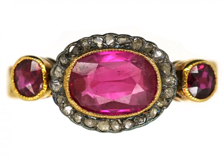 Edwardian 18ct Gold, Ruby & Rose Diamond Cluster Ring With Ruby Shoulders