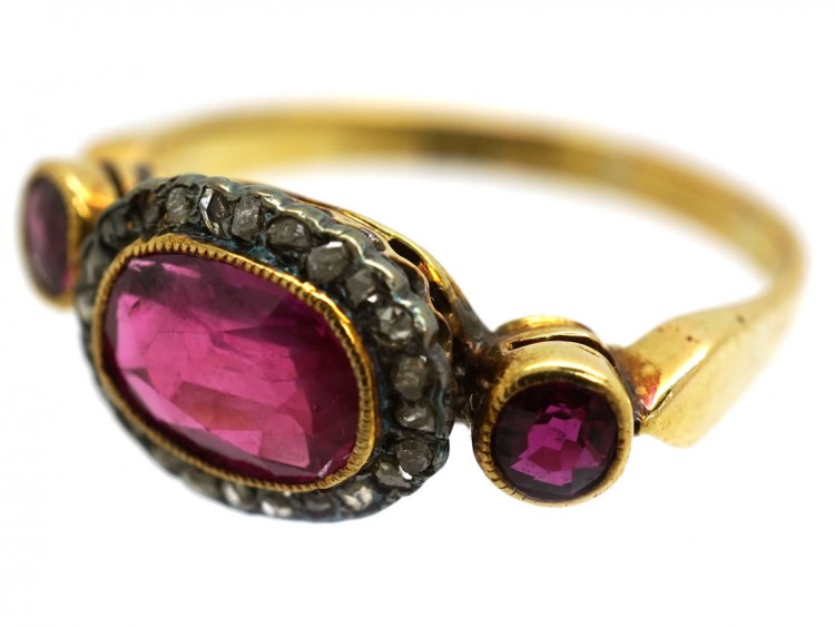 Edwardian 18ct Gold, Ruby & Rose Diamond Cluster Ring With Ruby Shoulders