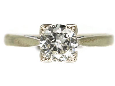 Art Deco 18ct White Gold & Platinum, Diamond Solitaire Ring in a Square Mount
